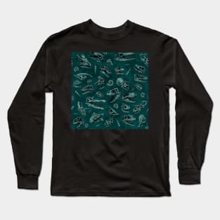 Dinosaur skull sketch tiled pattern green Long Sleeve T-Shirt